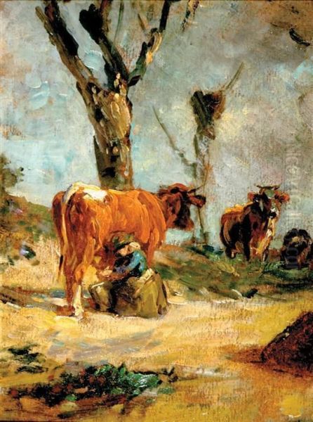 Milking Time Oil Painting by Wilhelm Frey