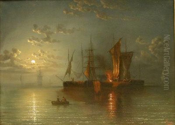 Boats Becalmed By Moonlight Oil Painting by Wilhelm Frey