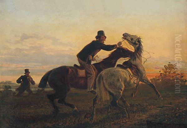 Erwischt: Ein Reiter Fangt Das Durchgegangene Pferd Eines Heraneilenden Herren Oil Painting by Conrad Freyberg