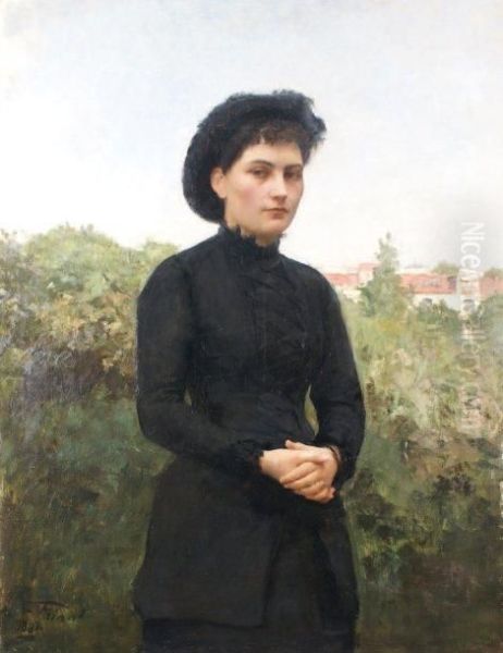 Portrait De Jeune Femme Sur Fond Depaysage Oil Painting by Emile Friant