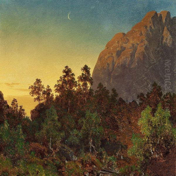 Norwegian Landscape With Waning Moon Oil Painting by Joachim Frich