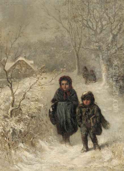 Children Walking In A Snowy Landscape Oil Painting by Wilhelm Friedenberg