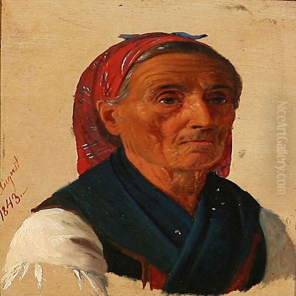 An Old Italian Woman Oil Painting by Julius Friedlaender