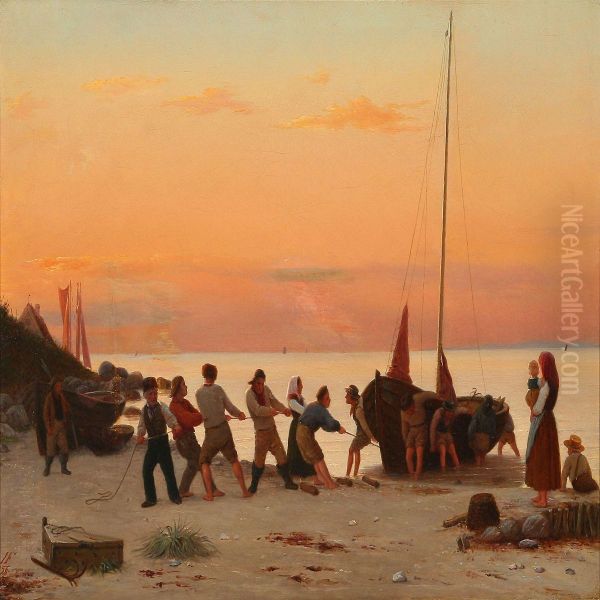 Fishermen Bringing A Boat Ashore Oil Painting by Julius Friedlaender