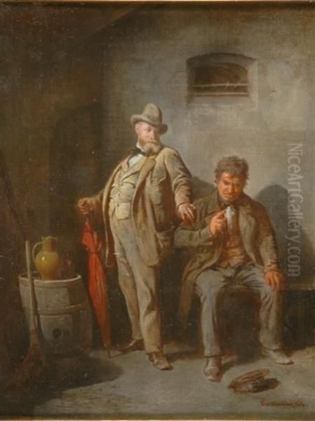 A Discourse In A Cellar Oil Painting by August M. Friedlander