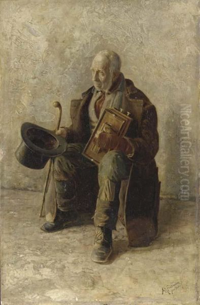 Street Musician Oil Painting by August M. Friedlander