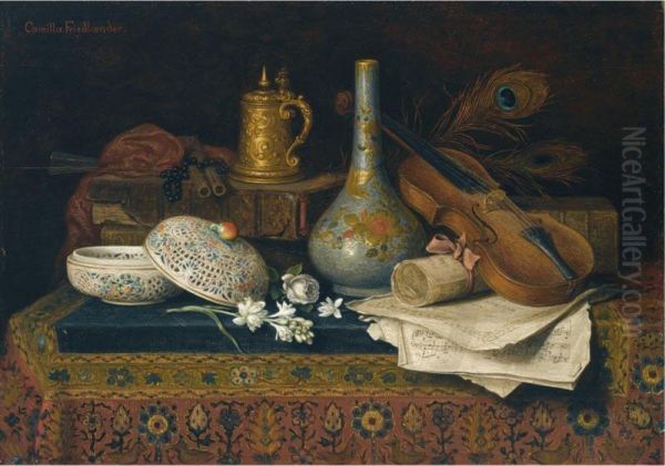 A Still Life With Chinese Artefacts And A Violin Oil Painting by Camilla Friedlander