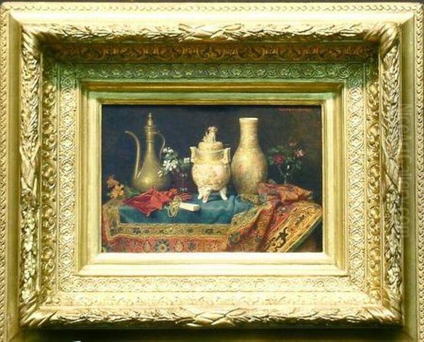 Still Life With Japanese Vase, Persian Ewer, Carved Ivory Fan Andother Decorative Objests Oil Painting by Camilla Friedlander