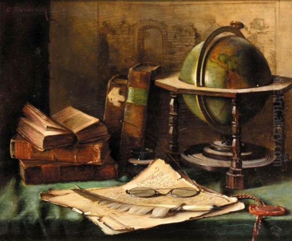 Still Life With Globe And Books On A Desk Oil Painting by Caroline Therese Friedrich