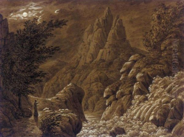 Ideale Gebirgslandschaft Mit Wasserfall (idealised Landscape With Waterfall) Oil Painting by Caspar David Friedrich