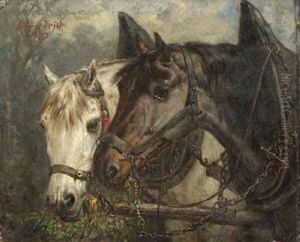 Zwei Pferde An Der
 Futterkrippe. Oil Painting by Gustav Adolf Friedrich