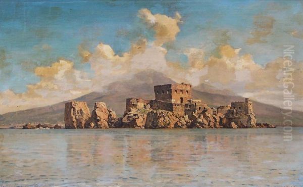 Castello Di Revigliano Von Der Seeseite Im Golf Von Neapel; Im Hintergrund Bergige Kuste by Nerly Friedrich Paul