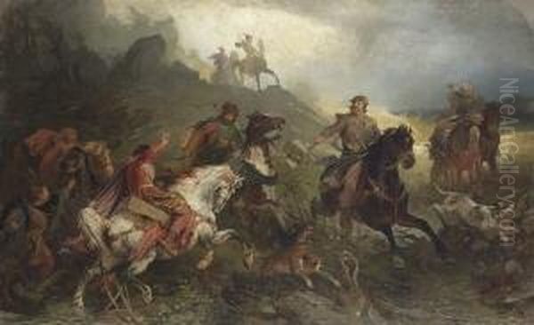 Mittelalterliche
 Reiterjagd. Oil Painting by Woldemar Friedrich