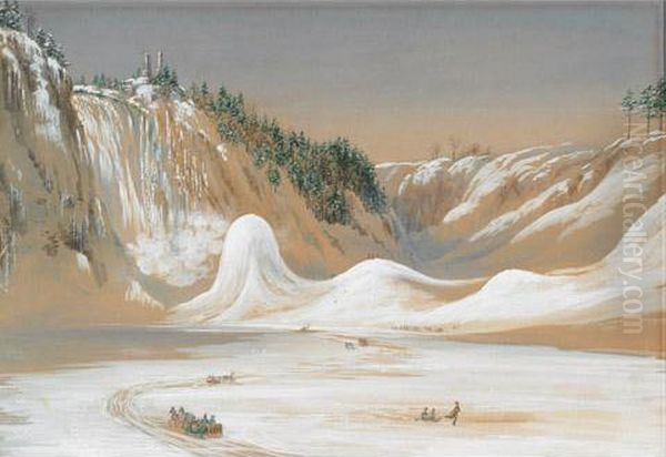 Crossing The Ice Beneath The Falls Oil Painting by Washington F. Friend