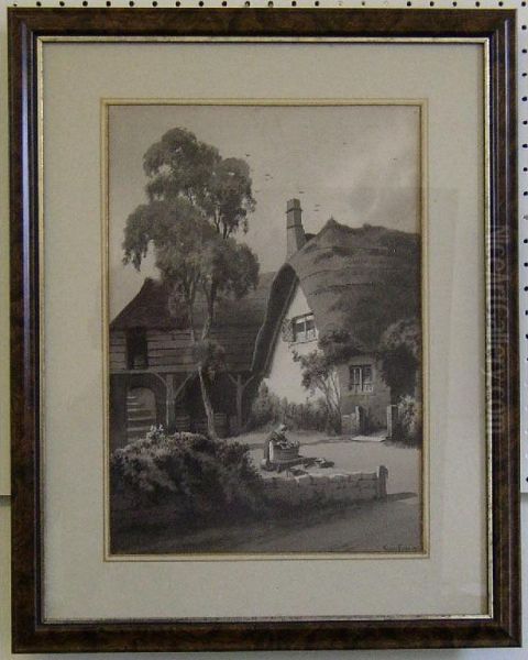 Woman Doing The Laundry In A Tub Outside A Thatched Cottage With Barn In The Background Oil Painting by Harry Frier