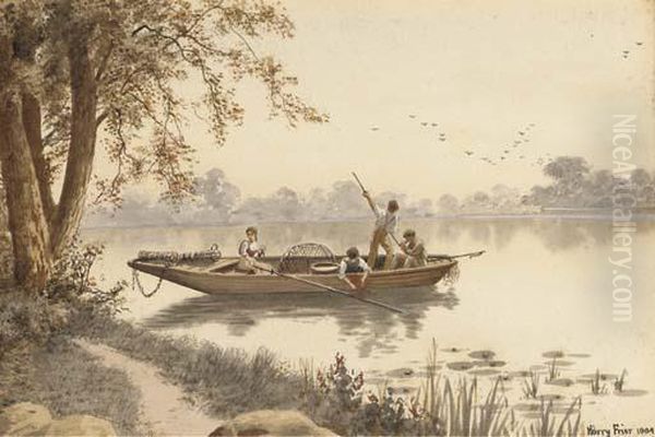 Figures Fishing On A Lake Oil Painting by Harry Frier