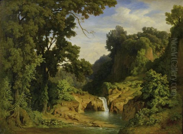 Wooded Landscape With Waterfall Oil Painting by Bernhard Fries