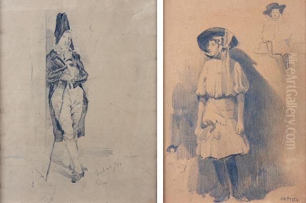 Study Of A Woman With Two Other Figures; Studyof A Military Figure Oil Painting by Charles Arthur Fries