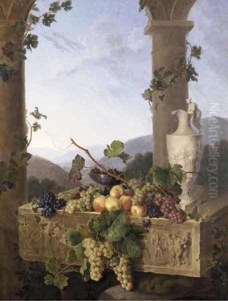 Grapes, Peaches And A Classically Inspired Pitcher On A Marble Relief Depicting Classical Figures Under An Italianate Arch In A Country Landscape Oil Painting by Emmanuel Fries