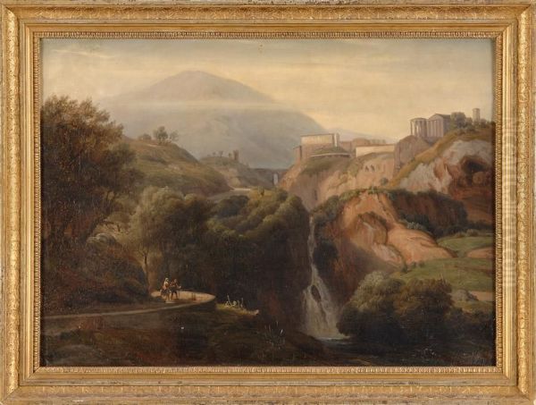 Groser Wasserfall Von Tivoli Mit Kronendem Vesta- Und Sibillentempel. Oil Painting by Ernst Fries