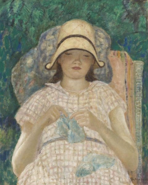 Girl Knitting Oil Painting by Frederick Carl Frieseke