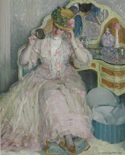 Lady Trying On A Hat Signed And Dated 'f.c. Frieseke- 1909' Oil On Canvas 64Â¼ X 52 In Oil Painting by Frederick Carl Frieseke