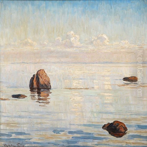 Coastal Scape With Rocks In The Water Oil Painting by Achton Friis