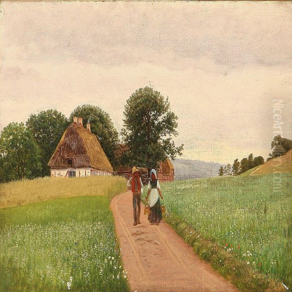 Danish Summer Landscapewith Two Farmers Oil Painting by Hans Gabriel Friis