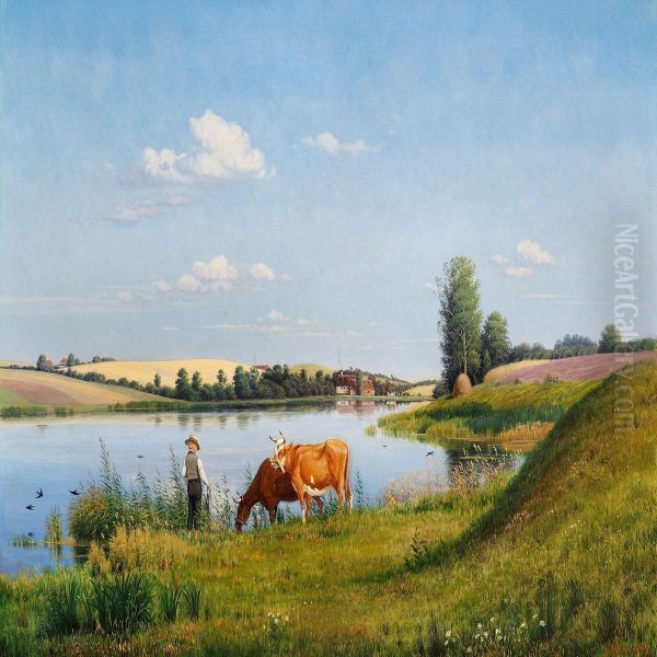 River Landscape Oil Painting by Hans Gabriel Friis