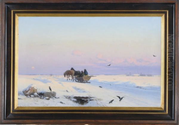 Sledding In A Winter Landscape Oil Painting by Hans Gabriel Friis