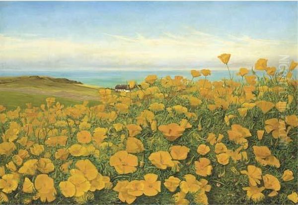 A Field Of Buttercups By The Coast Oil Painting by Johanne Nicoline Louise Frimodt