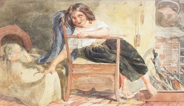 Interior...with Girl And Child Oil Painting by Alfred Downing Fripp