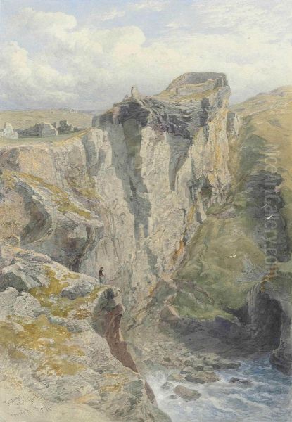 A Figure On The Cliff Overlooking The Sea Below The Ruins Of Tintagel Castle, Cornwall Oil Painting by George Arthur Fripp