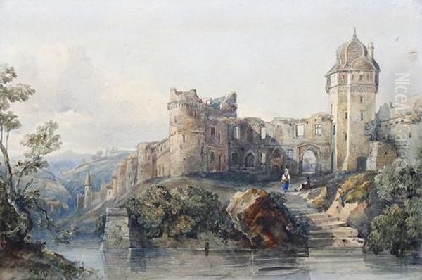 Castle Ruins By A River Oil Painting by George Arthur Fripp