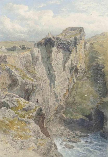 A Figure On The Cliff Overlooking The Sea Below The Ruins Oftintagel Castle, Cornwall Oil Painting by George Arthur Fripp