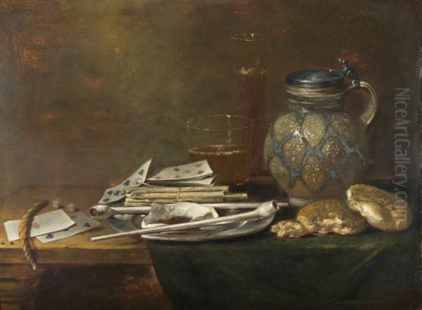 Nature Morte Aux Pipes Et Cartes A Jouer Sur Un Entablement Oil Painting by Jan Fris