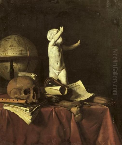 A 'vanitas' With A Sculpture Of A Putto, A Globe, A Skull, A Bone, An Hourglass, A Flute And Books On A Draped Table Oil Painting by Jan Fris