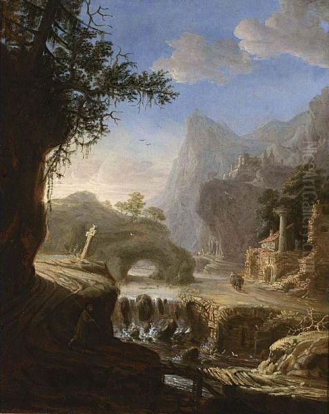 Italianate Fantasy Landscape With Figures Near A Small Cascade Oil Painting by Pieter Fris