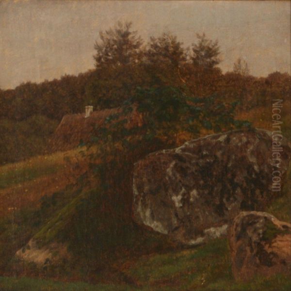 Landscape With Pieces Of Rocks And A Thatched House Oil Painting by Johan Didrik Frisch