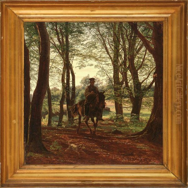 Man On Horseback In A Forest Oil Painting by Johan Didrik Frisch