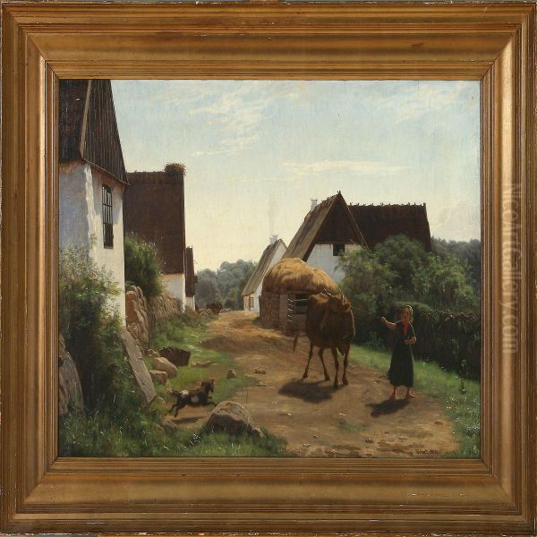 Village Street With A Girl And A Bull Oil Painting by Johan Didrik Frisch