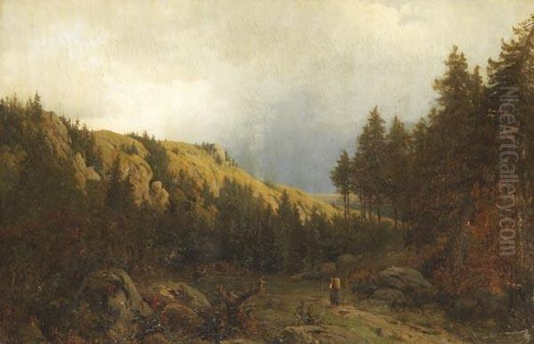 Harzlandschaft Mit Reisigsammlerin Oil Painting by Heinrich Ludwig Frische