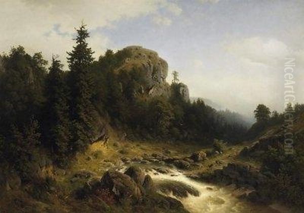 Quiet Dale In The Swiss Jura Mountains. Upcoming Mist. Signed Bottom Right: H. Frische Oil Painting by Heinrich Ludwig Frische