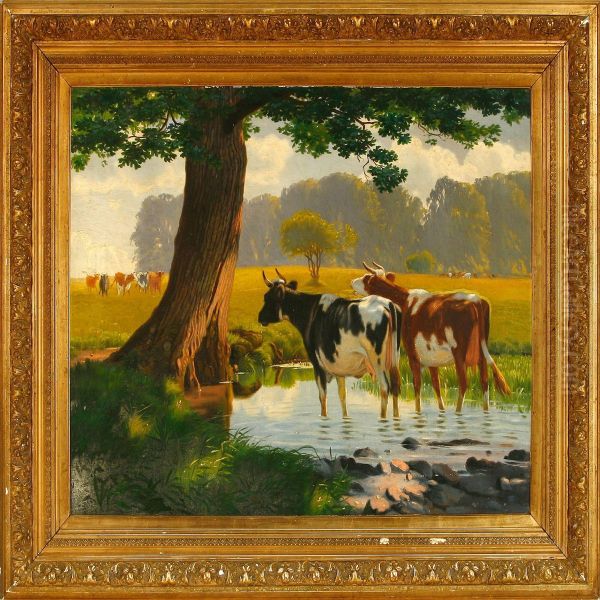 Cattle At A Pond Oil Painting by Niels Fristrup