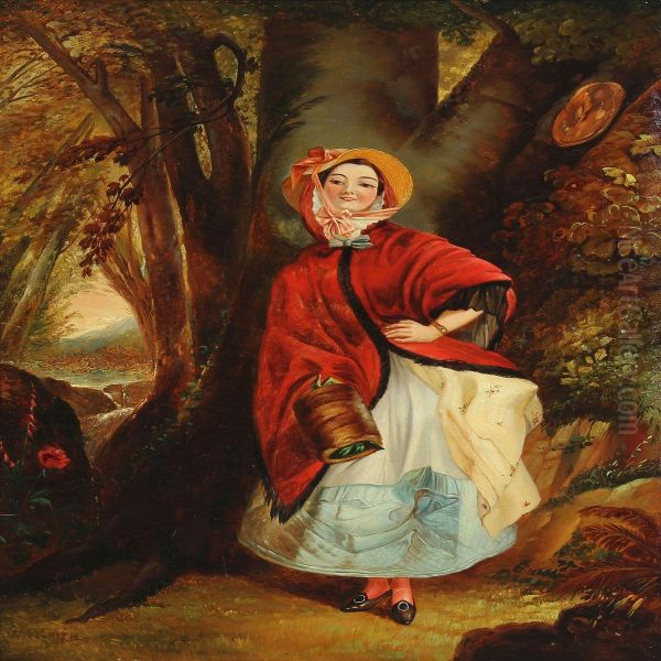 A Young Woman With A Red Shawl In The Woods Oil Painting by William Powell Frith