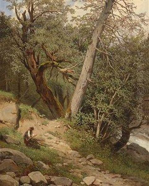 Woodland Landscape With Wood Gatherer Oil Painting by Melchior Fritsch