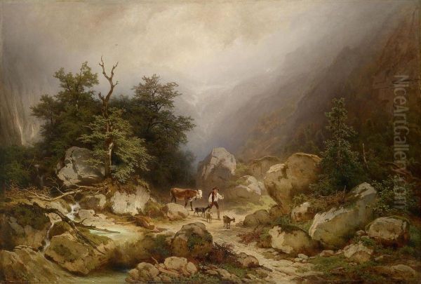 Mountain Landscape With Herdsman Oil Painting by Melchior Fritsch