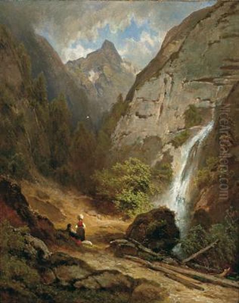 Resting At The Waterfall Oil Painting by Melchior Fritsch