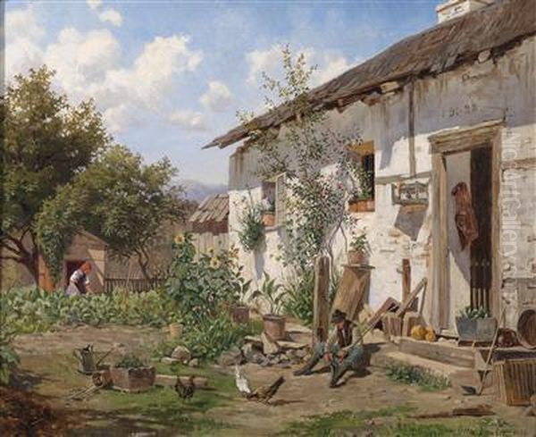 Idyllicfarmhouse Garden Oil Painting by Otto Fritz