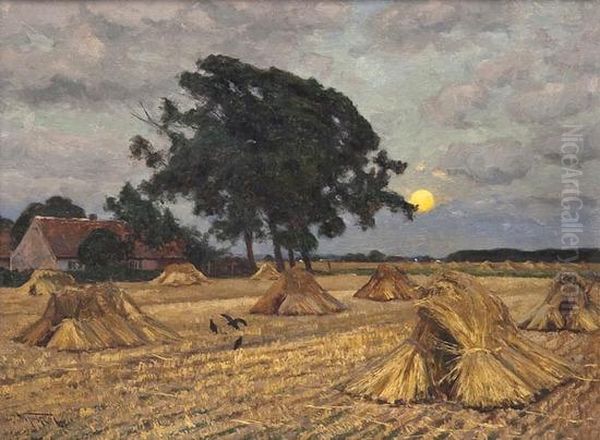 Harvested Wheatfield At Sunrise Oil Painting by Wilhelm Fritzel